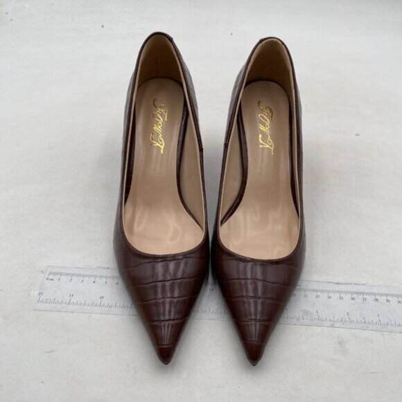 FOWT Simple Solid Croc-Embossed Pointed Toe Black Pumps for Women Dressy Brown - Picture 3 of 8